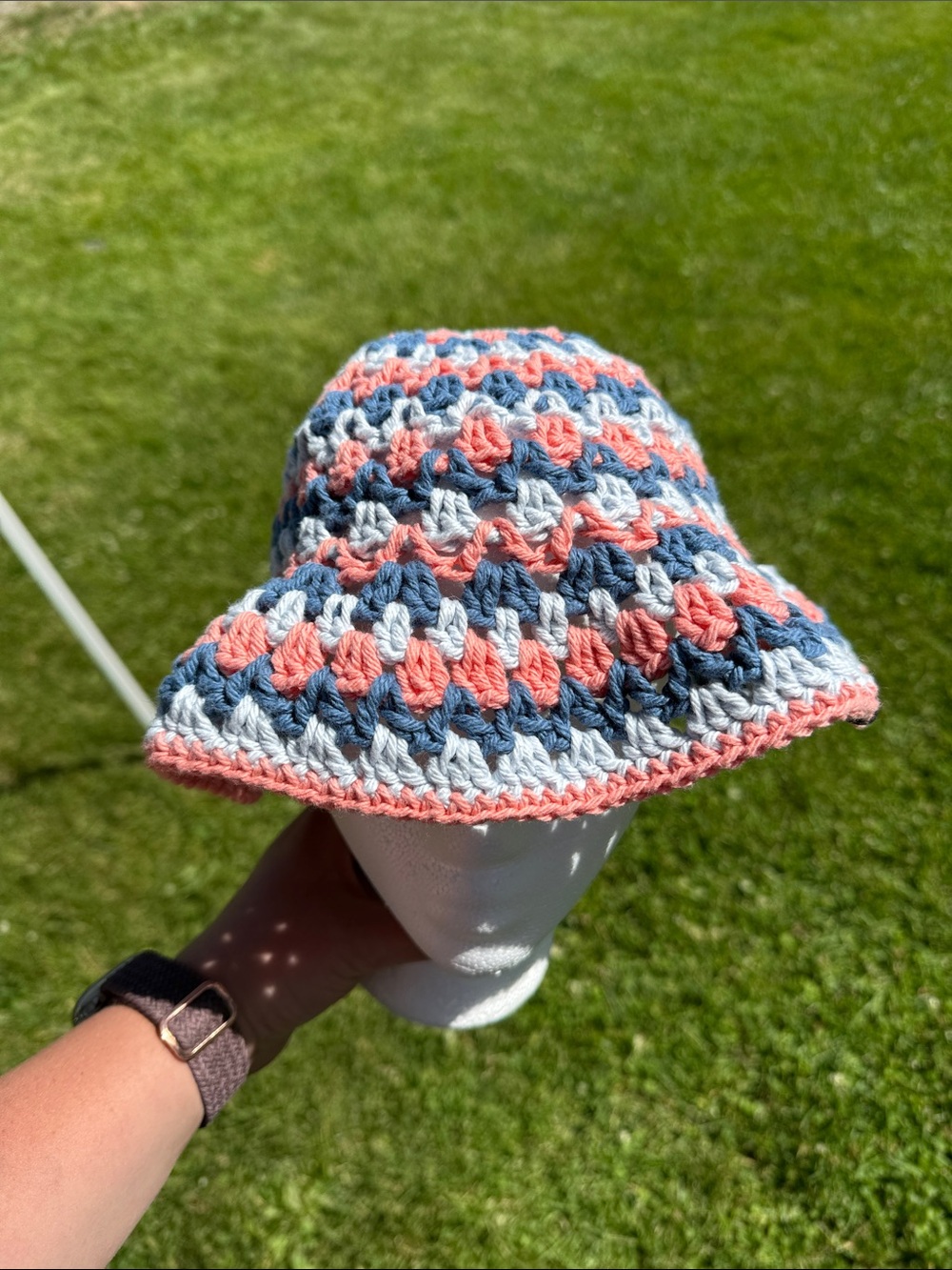 Crocheted Bucket Hat - Coral, Light Blue & Navy